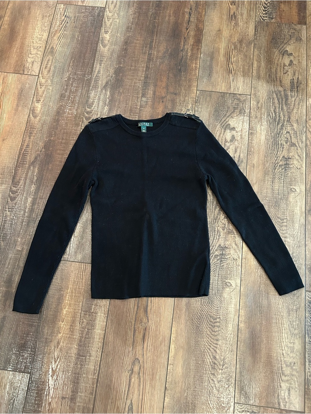 Lauren Ralph Lauren Black Ribbed Crewneck Sweater with Shoulder Hardware